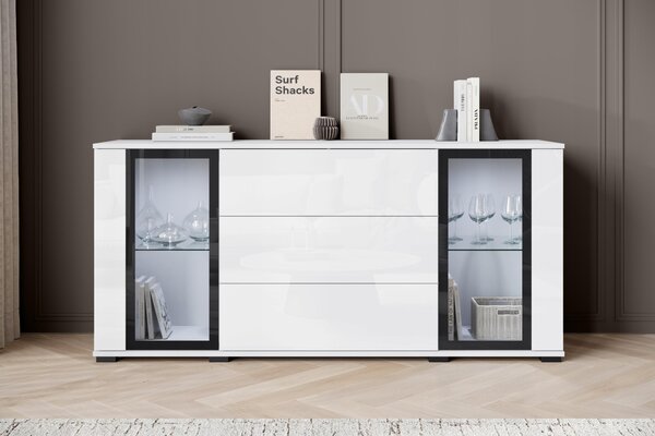 Komoda 150 cm s výkladní skříňkou, zásuvkami a policemi, bílá matná/lesklá s LED osvětlením
