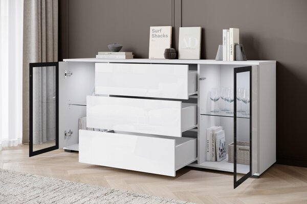 Komoda 150 cm s výkladní skříňkou, zásuvkami a policemi, bílá matná/lesklá s LED osvětlením