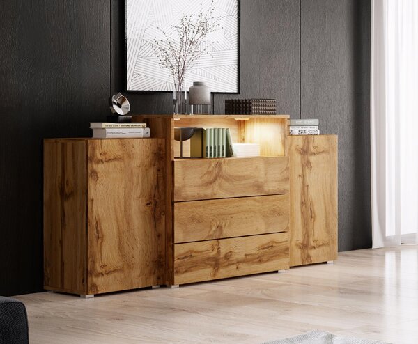 Moderní komoda do obývacího pokoje, šířka 150 cm, 3 zásuvky, výklenek a skříňky, barva wotan, s LED osvětlením