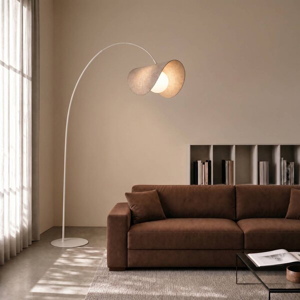 Lucande LED obloukové svítidlo Sansibar, béžové, 180 cm, stmívatelné, stmívatelný, Krémová / jantar, Obývací pokoj / jídelna, Textil / tkanina / hedvábí, Design