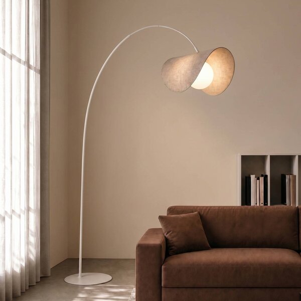 Lucande LED obloukové svítidlo Sansibar, béžové, 180 cm, stmívatelné, stmívatelný, Krémová / jantar, Obývací pokoj / jídelna, Textil / tkanina / hedvábí, Design
