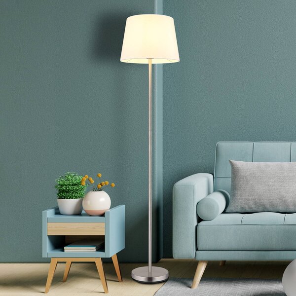 Globo Stojací lampa Joris, nikl/bílá, textil, výška 151 cm, E27, Hliník / šedá / zinek, Obývací pokoj / jídelna, Textil / tkanina / hedvábí
