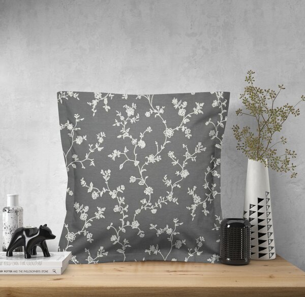Ervi povlak na polštář bavlněný s lemem - Popínavé květiny na šedém
