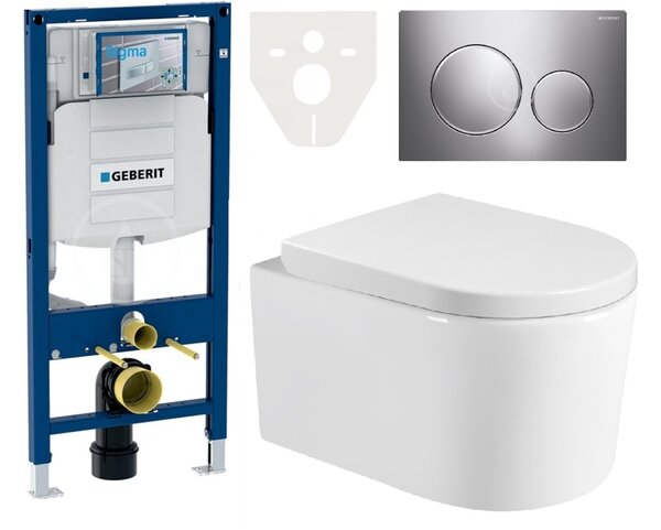 AKCE/SET/LIVERO Geberit - Set předstěnové instalace, tlačítka Sigma20, matný chrom, Mexen Sofia miska wc WC sedátko se zpomalovacím mechanismem, široký - bílá