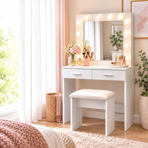 Kosmetický stolek Relaxdays se židličkou, s hollywoodským zrcadlem, osvětlením, 2 zásuvkami, rozměry (v x š x h): 140x80x40 cm, bílý