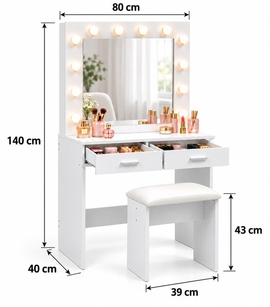 Kosmetický stolek Relaxdays se židličkou, s hollywoodským zrcadlem, osvětlením, 2 zásuvkami, rozměry (v x š x h): 140x80x40 cm, bílý