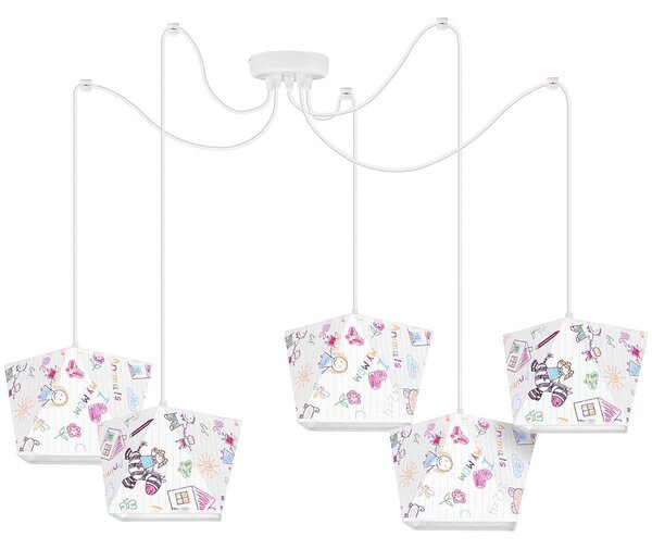 Dětské závěsné svítidlo Diamond Spider, 5x bílé textilní stínítko se vzorem