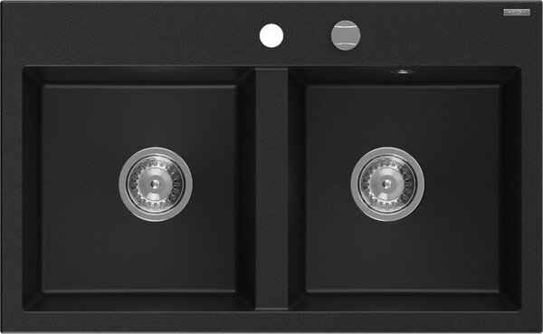 MEXEN - Hektor granitový dřez 2-bowl 800 x 480 mm, černá, sifon chrom 6521802000-77