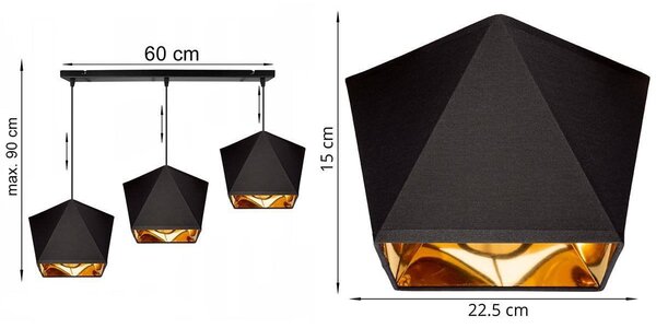 Závěsné svítidlo Diamond Gold, 3x černé/zlaté textilní stínítko