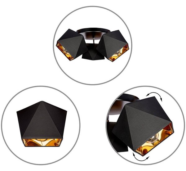 Stropní svítidlo Diamond Gold, 3x černé/zlaté textilní stínítko, (možnost polohování)