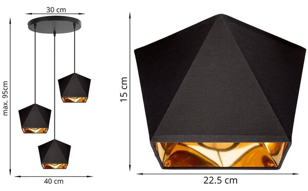 Závěsné svítidlo Diamond Gold, 3x černé/zlaté textilní stínítko