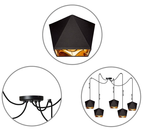 Závěsné svítidlo Diamond Gold Spider, 5x černé/zlaté textilní stínítko