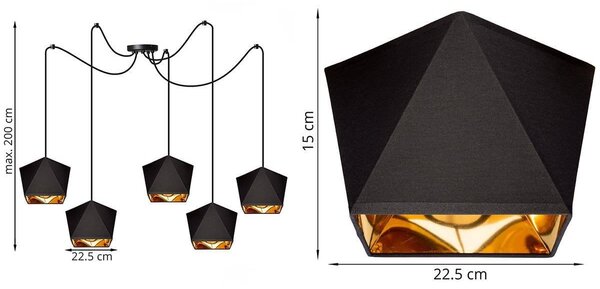 Závěsné svítidlo Diamond Gold Spider, 5x černé/zlaté textilní stínítko