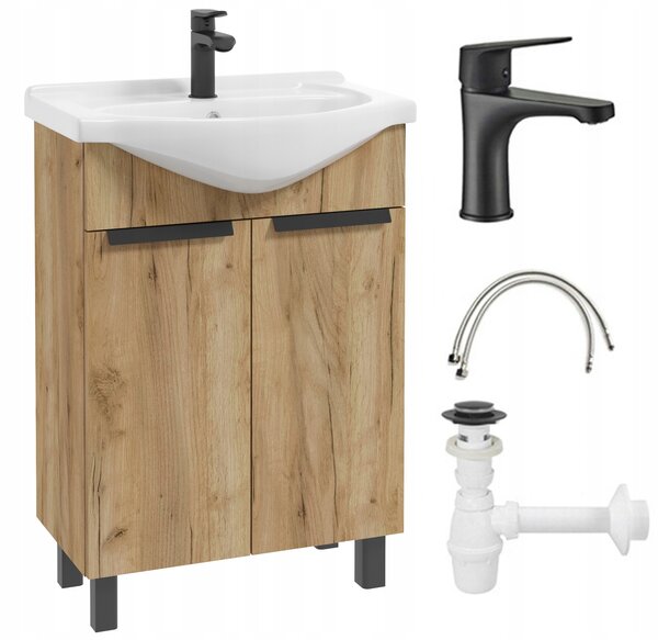 Sada koupelnové skříňky dub craft s umyvadlem, baterií a sifonem 85x60x30 cm