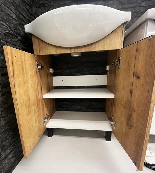 Sada koupelnové skříňky dub craft s umyvadlem, baterií a sifonem 85x60x30 cm
