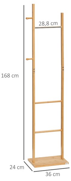 HOMCOM Stojan na kabáty, věšák s 2 háčky, 3 tyčemi, stojan na klobouky a oblečení, pro vstup, chodbu, 36 x 24 x 168 cm, bambus, přírodní | Aosom