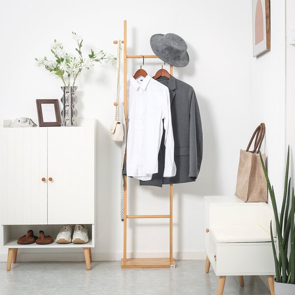 HOMCOM Stojan na kabáty, věšák s 2 háčky, 3 tyčemi, stojan na klobouky a oblečení, pro vstup, chodbu, 36 x 24 x 168 cm, bambus, přírodní | Aosom