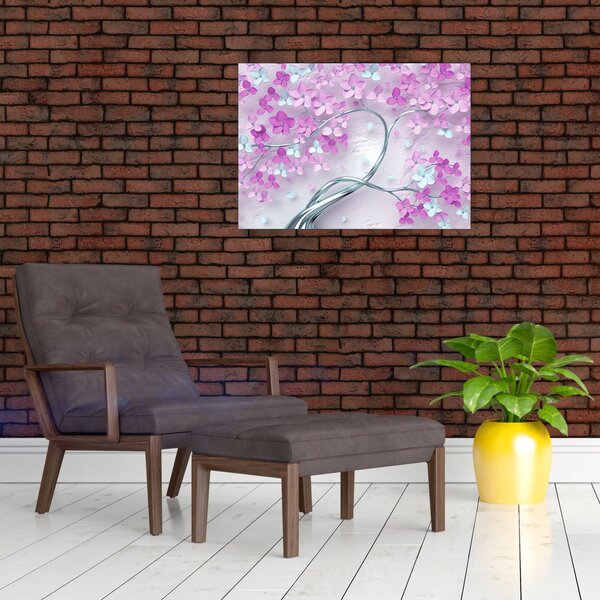 Obraz květů na stříbrném kmeni - abstrakt (70x50 cm)