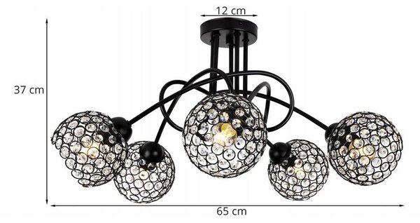 Stropní svítidlo Crystal, 5x černé křišťálové stínítko, b