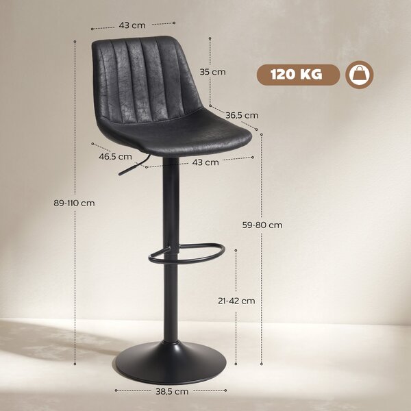HOMCOM Bar Stools 2-Pack, Padded Metal Frame Bar Chairs with Backrest, Height-Adjustable Kitchen Stools with Footrest, 360° Swivel, Counter Stools for