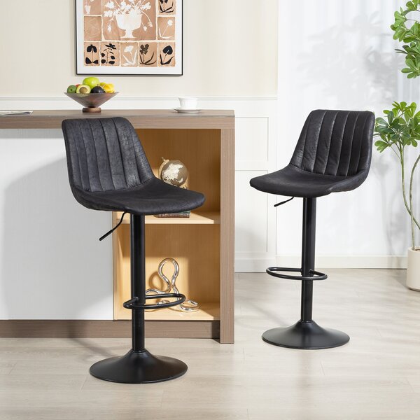 HOMCOM Bar Stools 2-Pack, Padded Metal Frame Bar Chairs with Backrest, Height-Adjustable Kitchen Stools with Footrest, 360° Swivel, Counter Stools for