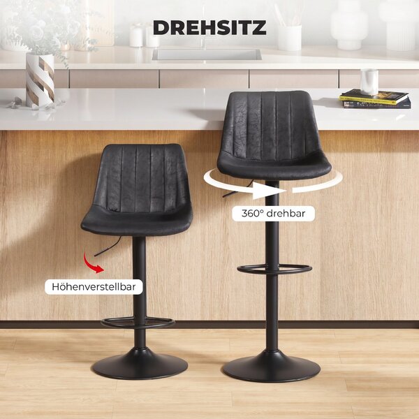 HOMCOM Bar Stools 2-Pack, Padded Metal Frame Bar Chairs with Backrest, Height-Adjustable Kitchen Stools with Footrest, 360° Swivel, Counter Stools for