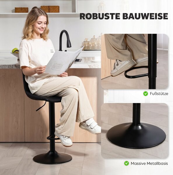 HOMCOM Bar Stools 2-Pack, Padded Metal Frame Bar Chairs with Backrest, Height-Adjustable Kitchen Stools with Footrest, 360° Swivel, Counter Stools for