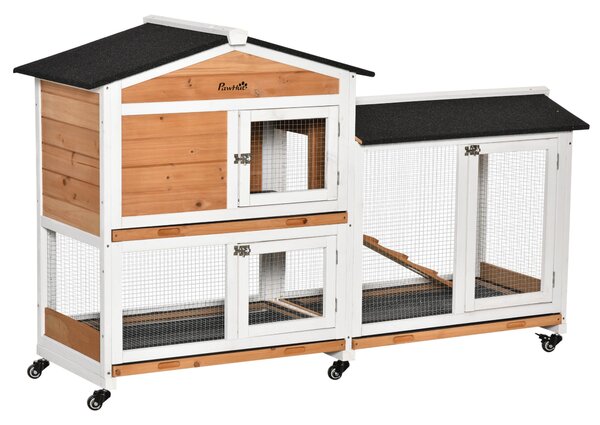 PawHut Přírodní Dřevěná Kotec pro Králíky 157,4x53x99,5 cm Velký Kotec s Koly a Asfaltovou Střechou, Odnímatelná Zásuvka a Rampou | Aosom