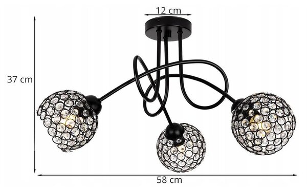 Stropní svítidlo Crystal, 3x černé křišťálové stínítko, b