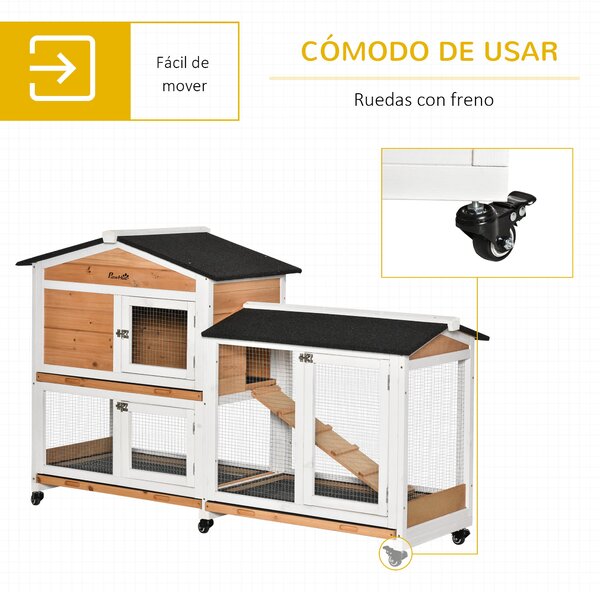PawHut Přírodní Dřevěná Kotec pro Králíky 157,4x53x99,5 cm Velký Kotec s Koly a Asfaltovou Střechou, Odnímatelná Zásuvka a Rampou | Aosom