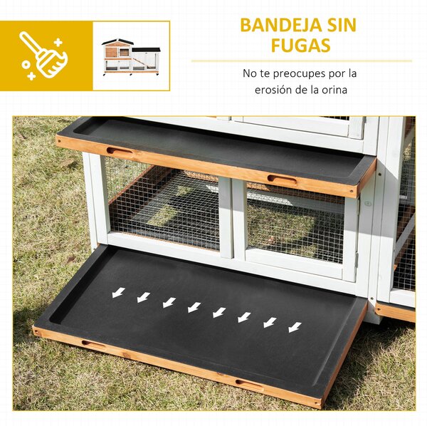 PawHut Přírodní Dřevěná Kotec pro Králíky 157,4x53x99,5 cm Velký Kotec s Koly a Asfaltovou Střechou, Odnímatelná Zásuvka a Rampou | Aosom