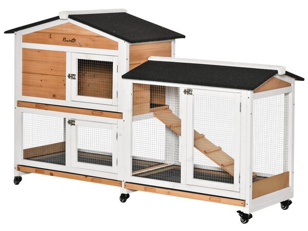 PawHut Přírodní Dřevěná Kotec pro Králíky 157,4x53x99,5 cm Velký Kotec s Koly a Asfaltovou Střechou, Odnímatelná Zásuvka a Rampou | Aosom