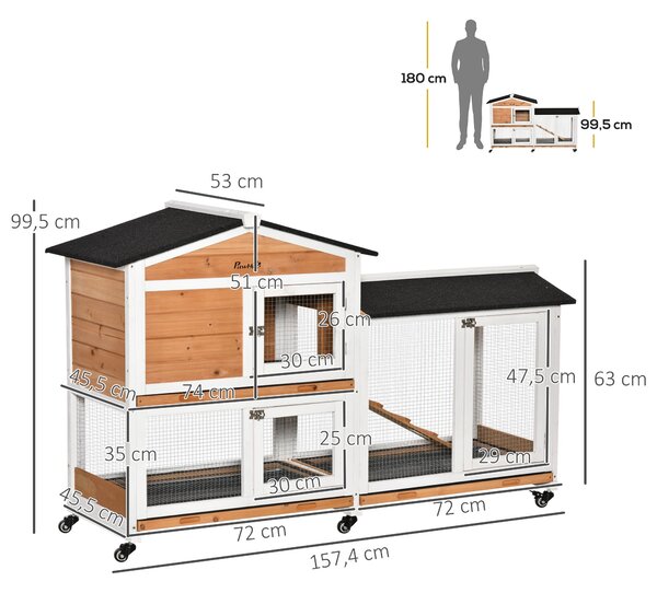 PawHut Přírodní Dřevěná Kotec pro Králíky 157,4x53x99,5 cm Velký Kotec s Koly a Asfaltovou Střechou, Odnímatelná Zásuvka a Rampou | Aosom