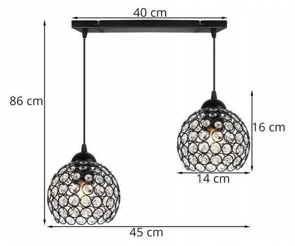 Závěsné svítidlo Crystal, 2x černé křišťálové stínítko
