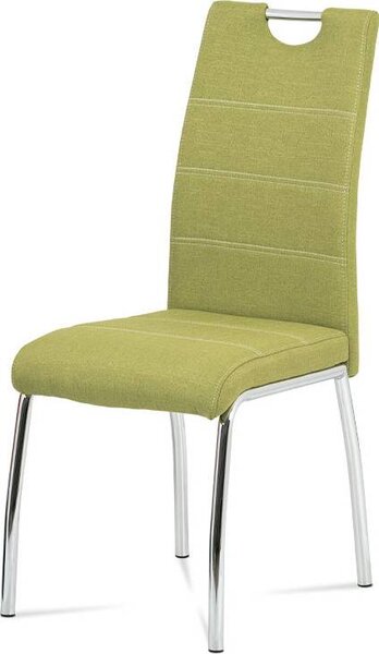 Jídelní židle, potah olivově zelená látka, bílé prošití, kovová čtyřnohá chromov