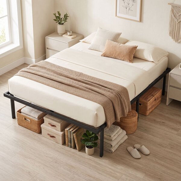 HOMCOM kovový rám postele s úložným prostorem pod postelí, výška 35,5 cm, laťkový rošt, tichý design — bez boxspringu, snadná montáž — 140 × 200 cm, č