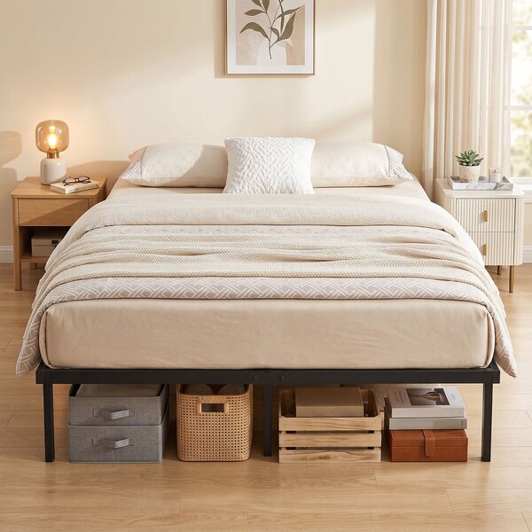HOMCOM kovový rám postele s úložným prostorem pod postelí, výška 35,5 cm, laťkový rošt, tichý design — bez boxspringu, snadná montáž — 140 × 200 cm, č