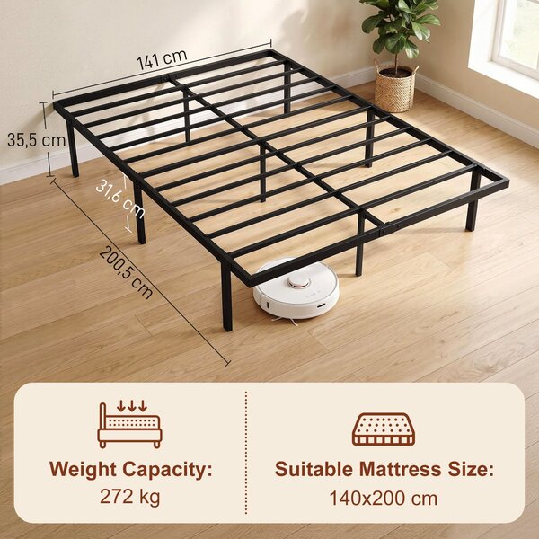 HOMCOM kovový rám postele s úložným prostorem pod postelí, výška 35,5 cm, laťkový rošt, tichý design — bez boxspringu, snadná montáž — 140 × 200 cm, č