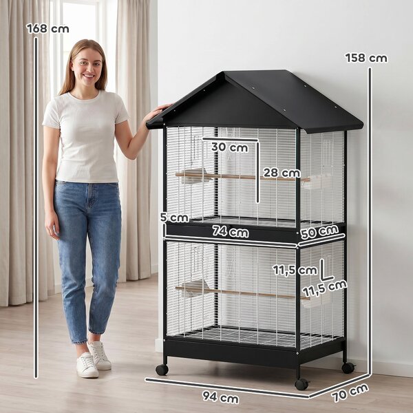 PawHut velká voliéra pro ptáky s odnímatelnou přepážkou, 2 dveře, 4 dřevěná bidýlka, kolečka, tácky a krmítka – 94 x 70 x 158 cm | Aosom