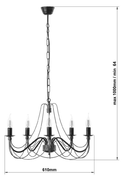 Light for home - Černý klasický lustr na řetězu s zlatou patinou na osm svíčková žárovky. 30308 "Isabella", 8x40W, E14, černá, zlatá