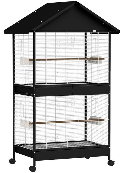 PawHut velká voliéra pro ptáky s odnímatelnou přepážkou, 2 dveře, 4 dřevěná bidýlka, kolečka, tácky a krmítka – 94 x 70 x 158 cm | Aosom