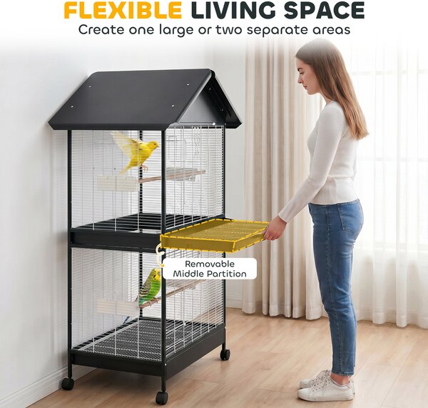 PawHut velká voliéra pro ptáky s odnímatelnou přepážkou, 2 dveře, 4 dřevěná bidýlka, kolečka, tácky a krmítka – 94 x 70 x 158 cm | Aosom