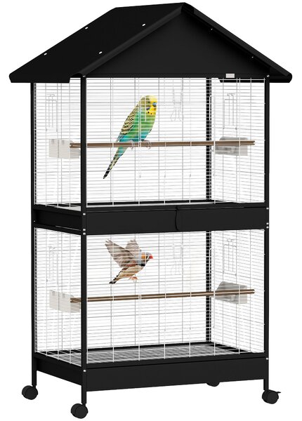 PawHut velká voliéra pro ptáky s odnímatelnou přepážkou, 2 dveře, 4 dřevěná bidýlka, kolečka, tácky a krmítka – 94 x 70 x 158 cm | Aosom