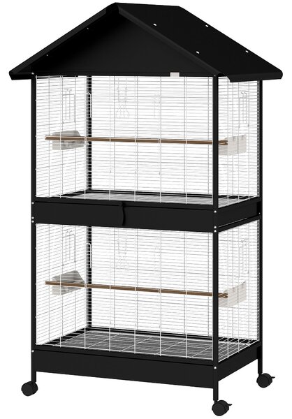 PawHut velká voliéra pro ptáky s odnímatelnou přepážkou, 2 dveře, 4 dřevěná bidýlka, kolečka, tácky a krmítka – 94 x 70 x 158 cm | Aosom