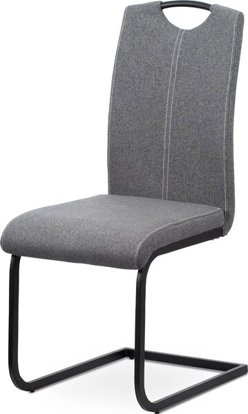 Jídelní židle, potah šedá látka, bílé prošití, kovová podnož, černý matný lak