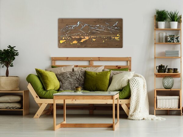 "Hory s ptáky a jezerem" světelný obraz 230V 130x60cm provedení povrchu: dub světlý