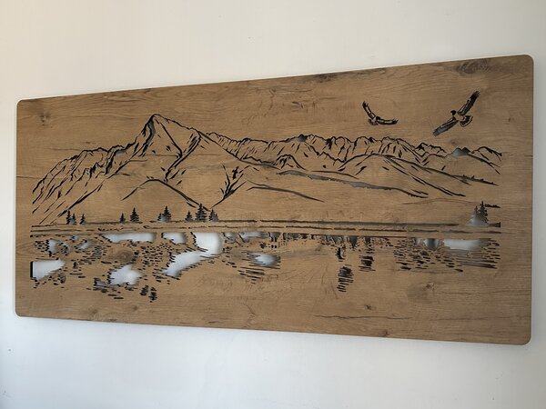 "Hory s ptáky a jezerem" světelný obraz 230V 130x60cm provedení povrchu: dub světlý