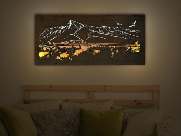 "Hory s ptáky a jezerem" světelný obraz 230V 130x60cm provedení povrchu: dub světlý