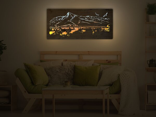 "Hory s ptáky a jezerem" světelný obraz 230V 130x60cm provedení povrchu: dub světlý