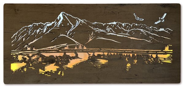 "Hory s ptáky a jezerem" světelný obraz 230V 130x60cm provedení povrchu: dub světlý